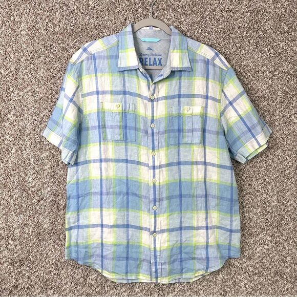 Tommy Bahama Shirt Men’s Large Relax Plaid Linen Short Sleeve Button Down Pocket - Picture 1 of 6